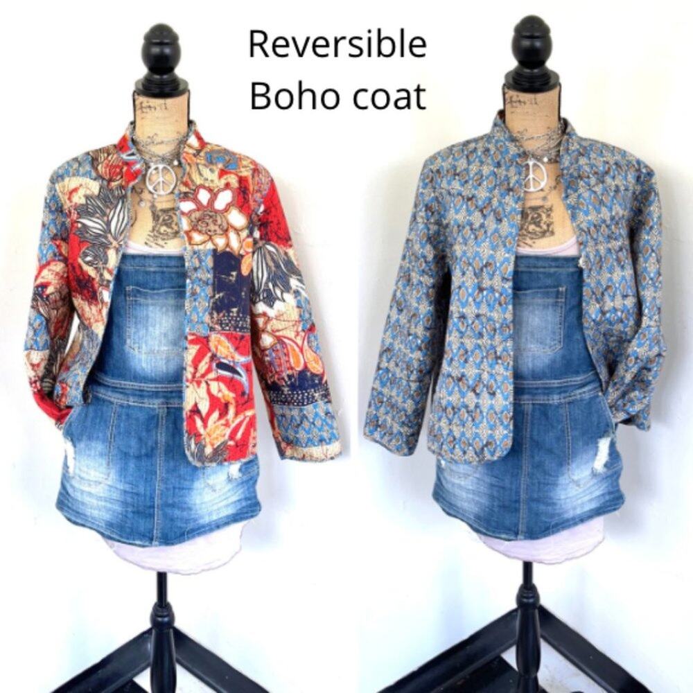 BOHO jacket MEDIUM reversible quilted summer jacket blazer size MEDIUM blue red